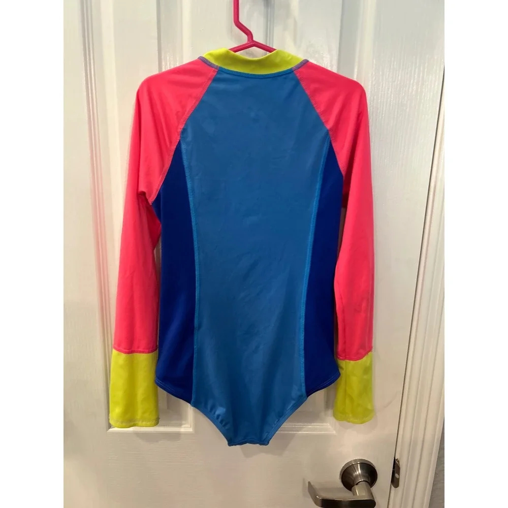 Lands' End Rash Guard One‎ Piece Blue Pink Colorblock Long Sleeve Swimsuit Bin A